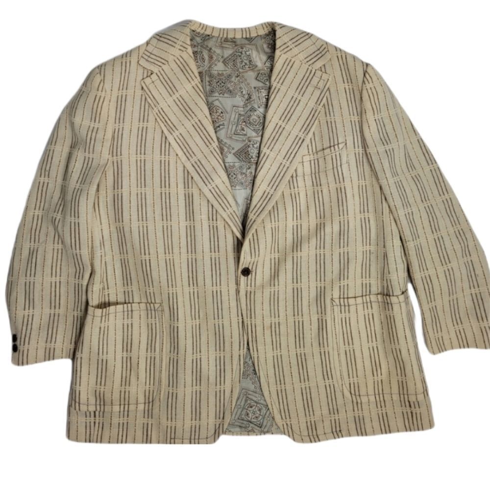 VINTAGE 70s beige one button stripe plaid suit jacket light academia XL